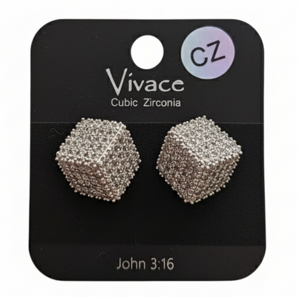 Sparkling Silver Square Cube Stud 3D Cubic Zirconia Crystal Earrings